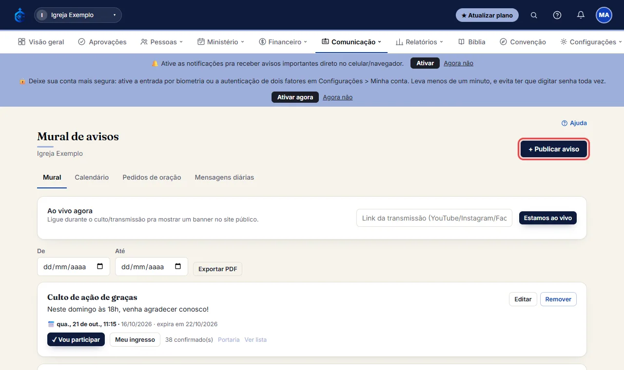 Clique em "+ Publicar aviso".