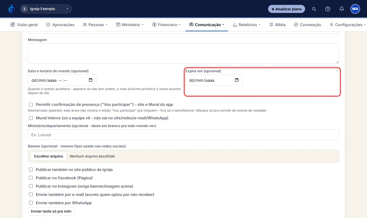Preencha Título e Mensagem; se quiser, defina "Expira em" (também vira a data do evento no Calendário), vagas 