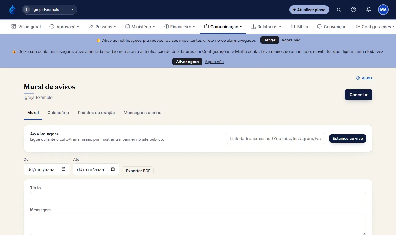 Marque as opções de publicação que quiser (site público, Facebook, Instagram, e-mail pros membros) - Facebook/