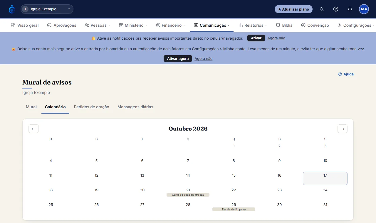 Na aba Calendário, navegue entre os meses e clique num dia com aviso pra ver o(s) evento(s) daquele dia.