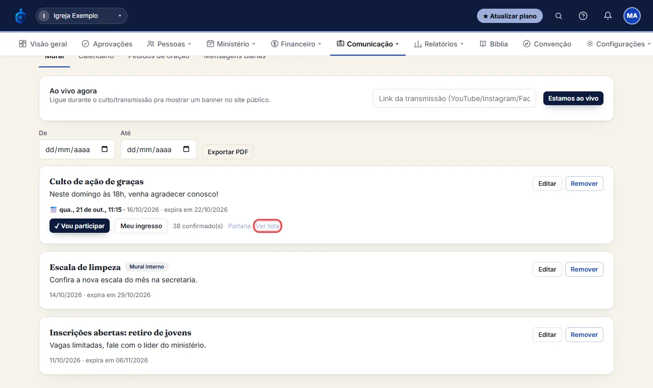 (Equipe) clique em "Ver lista" no aviso pra ver quem confirmou e marcar pagamentos como confirmados.
