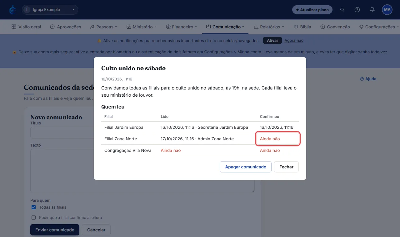 Na lista, cada comunicado mostra quantas filiais já leram (por exemplo, 2 de 3). Clique nele para ver, filial 
