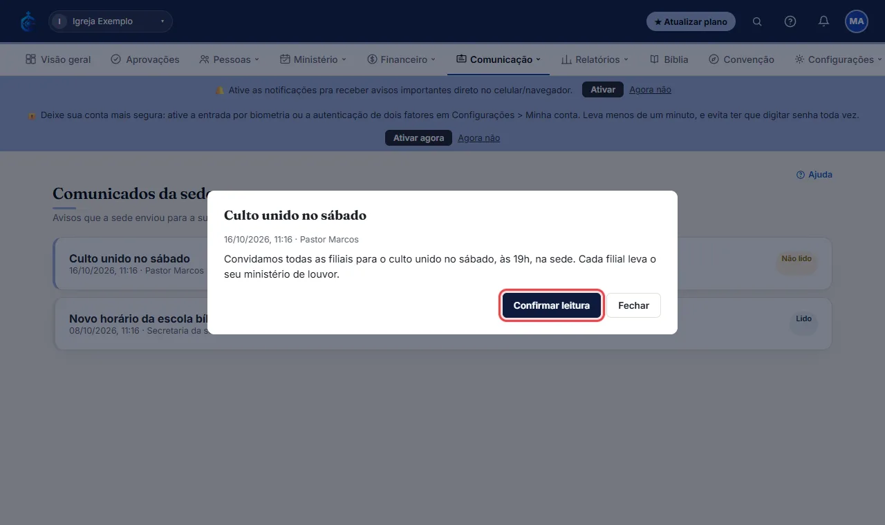 Na filial, o comunicado novo aparece como "Não lido" (e em Pendências). Ao abrir, ele fica como lido; quando a