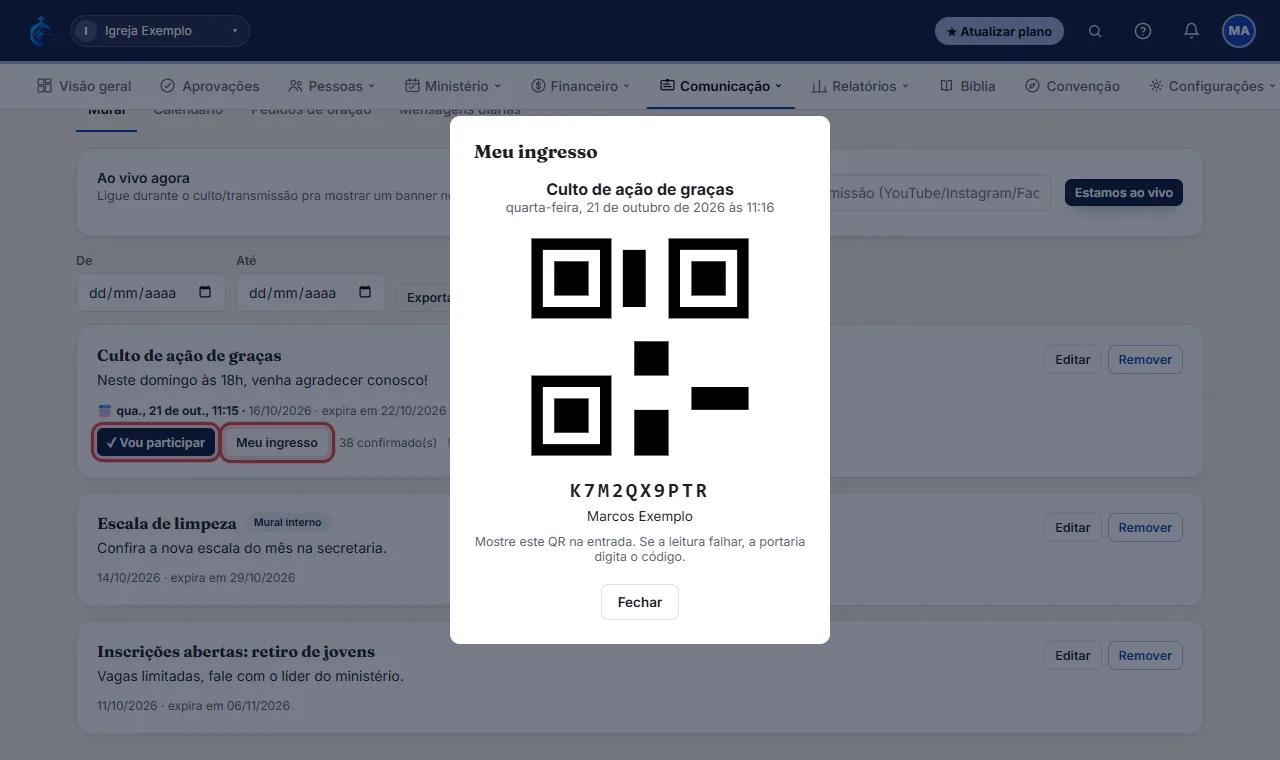 Quem vai ao evento abre o Mural, encontra o evento e clica em "Vou participar". Aparece o botão "Meu ingresso"