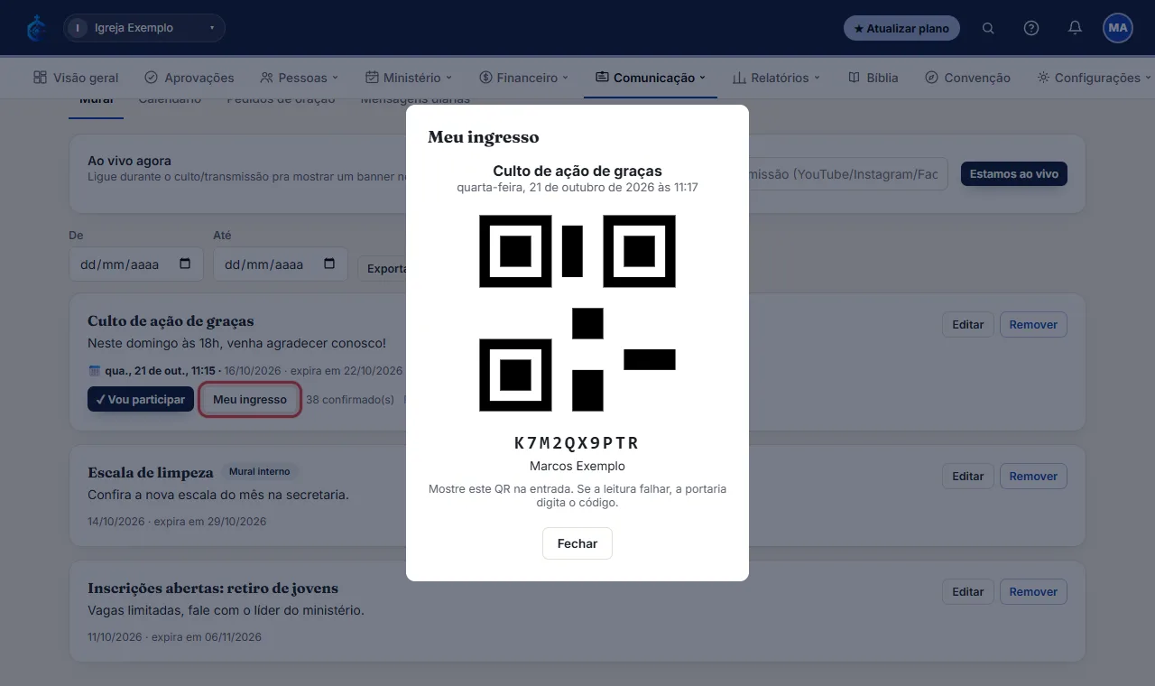 Clique em "Meu ingresso": o sistema mostra o QR code e um código de 10 letras e números. Em evento pago, apare