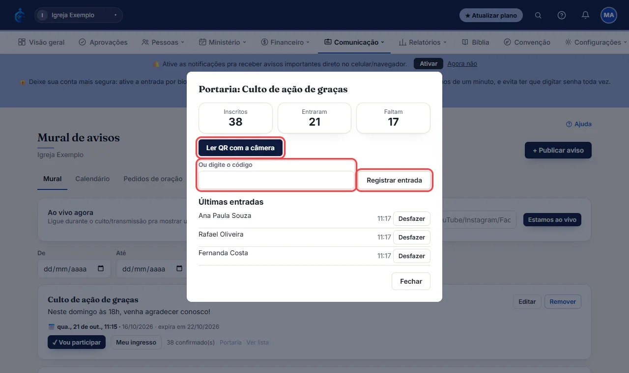 Clique em "Ler QR com a câmera" e aponte para o QR do participante, ou digite o código em "Ou digite o código"