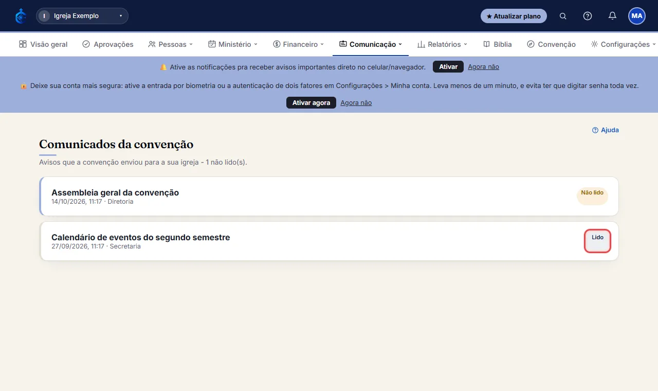 Os comunicados novos aparecem com a etiqueta "Não lido" (e em Pendências). Clique no comunicado para ler: ele 