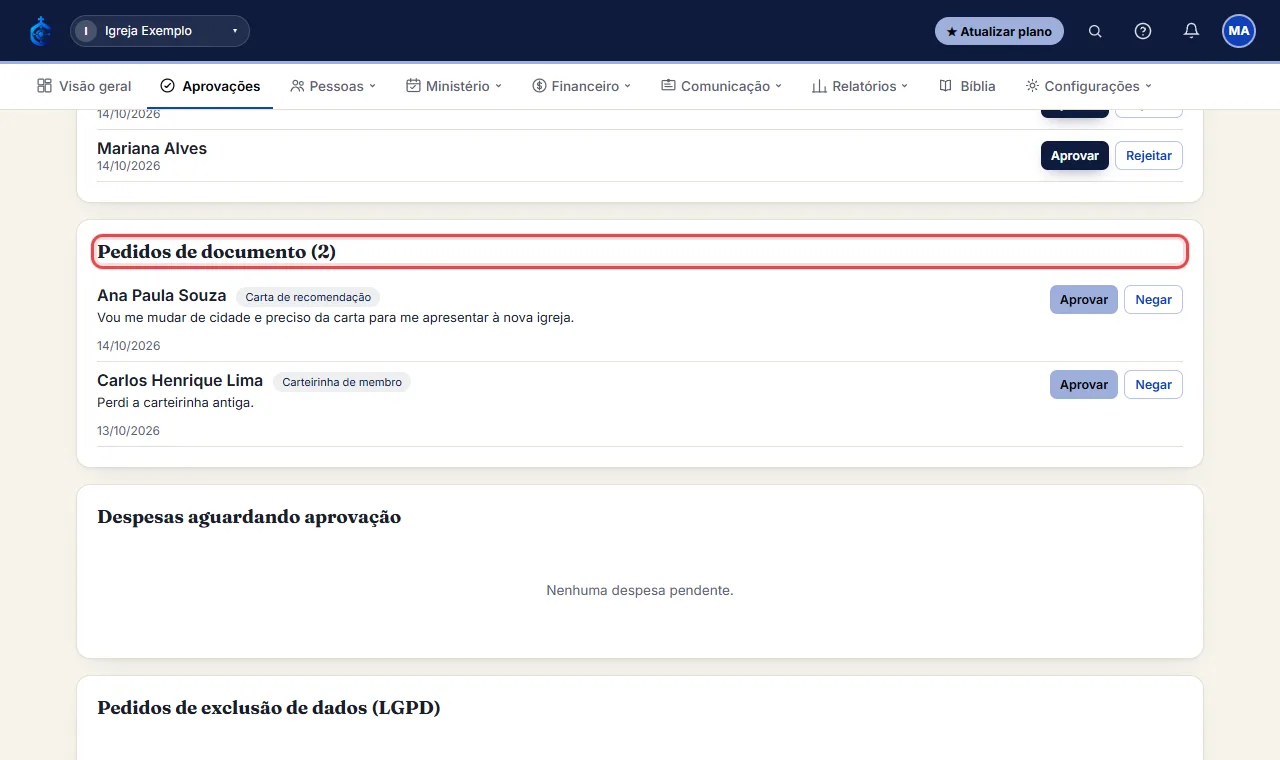 Na seção "Pedidos de documento", leia o motivo que a pessoa escreveu.