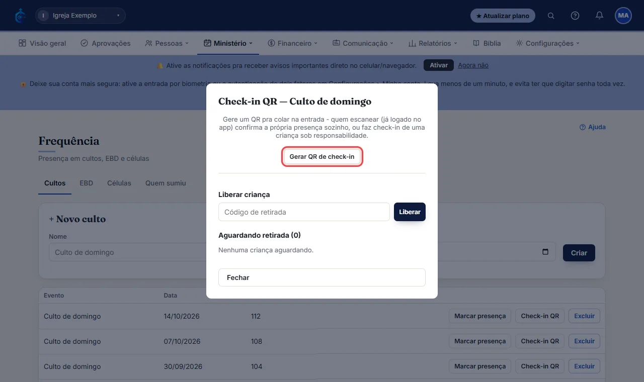 Clique em "Gerar QR de check-in" e cole/exiba o QR na entrada - quem escanear (já logado) confirma a própria p