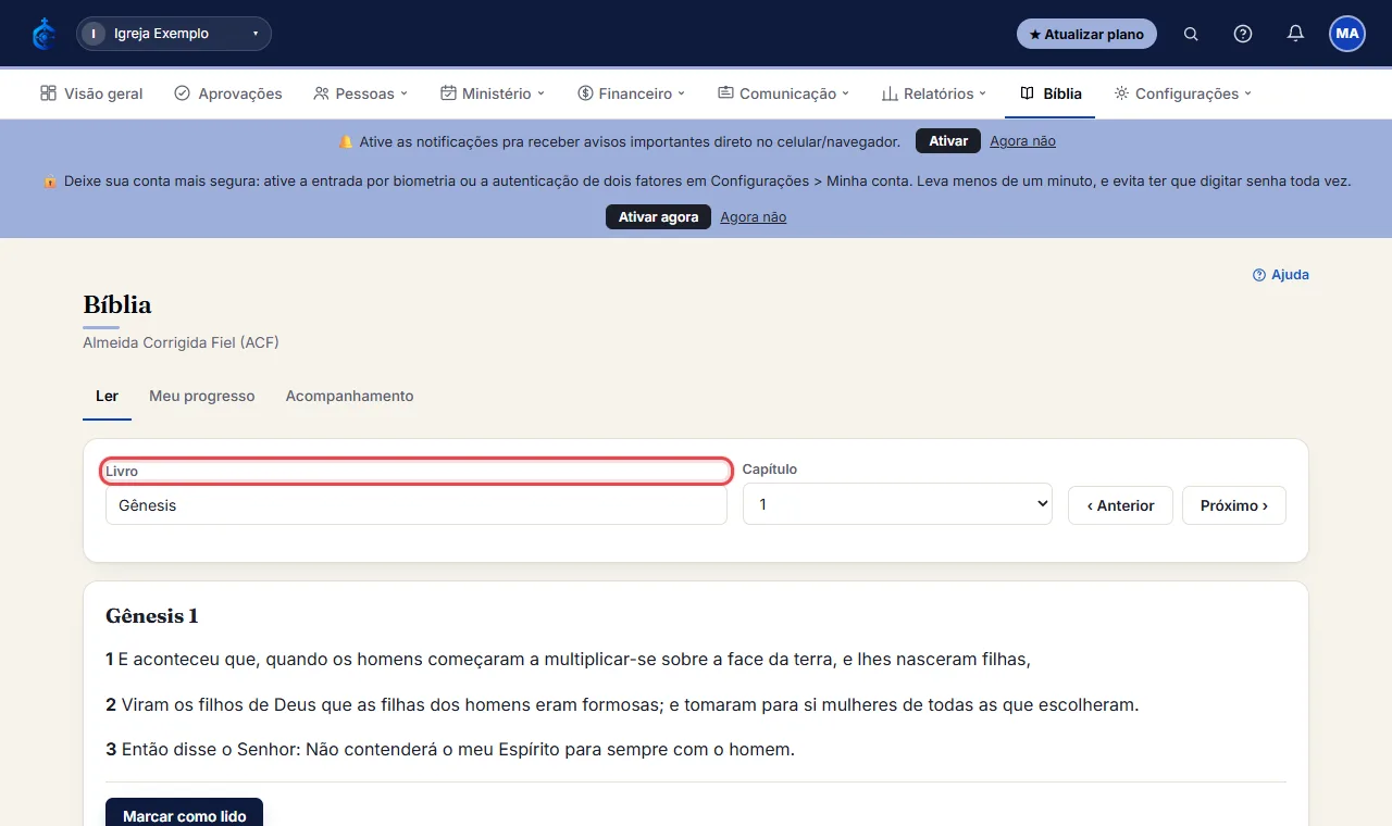 Escolha o Livro (digite pra buscar) e o Capítulo.