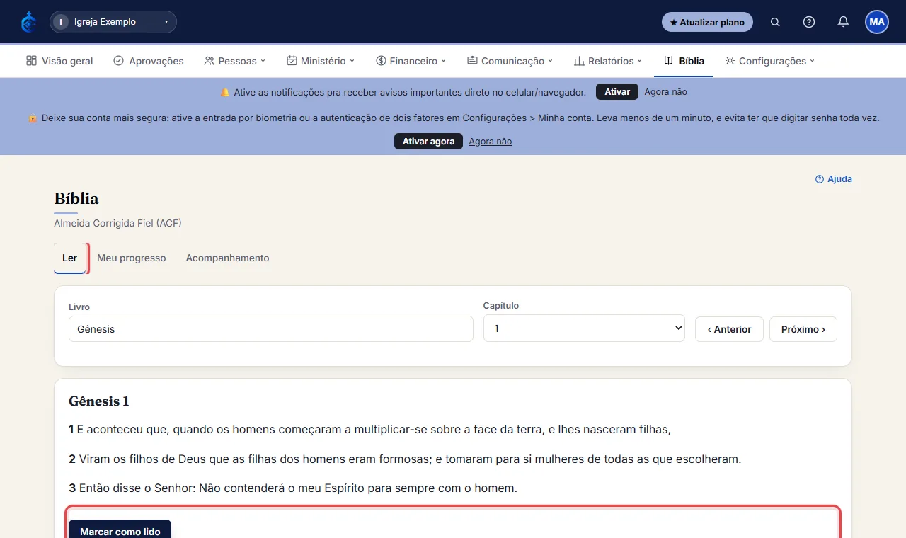 Abra um capítulo na aba "Ler" e, no fim do texto, clique em "Marcar como lido". O capítulo fica com "✓ Capítul
