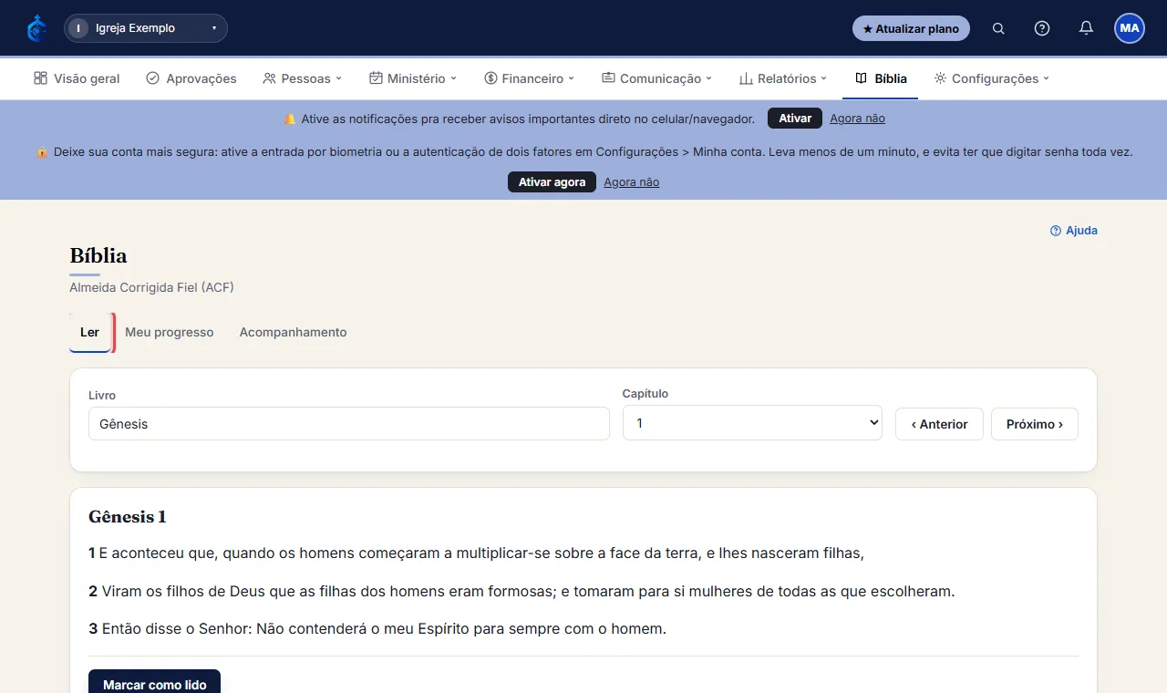 Mais abaixo, "Por livro" mostra o quanto você já leu de cada livro. Clique num livro para abrir o primeiro cap