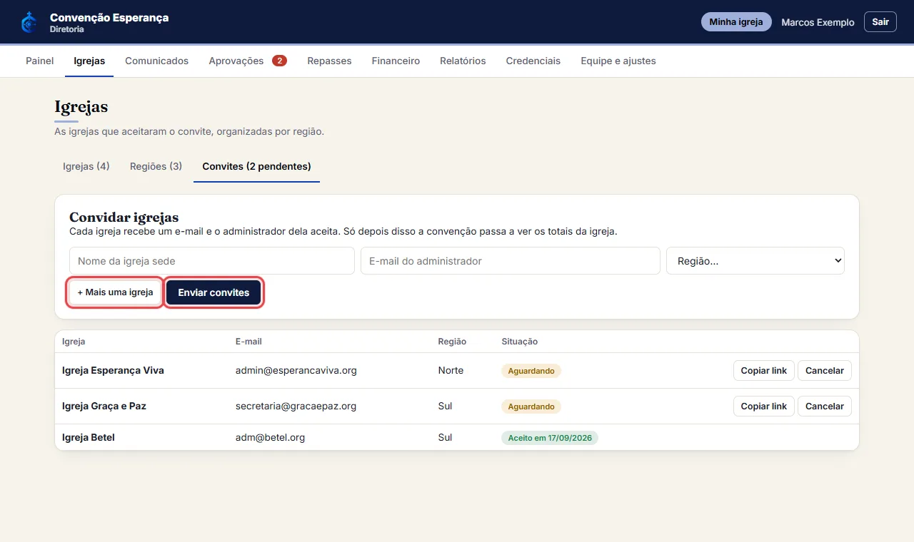 Na aba "Convites", preencha o nome da igreja sede, o e-mail do administrador dela e a região. Use "+ Mais uma 
