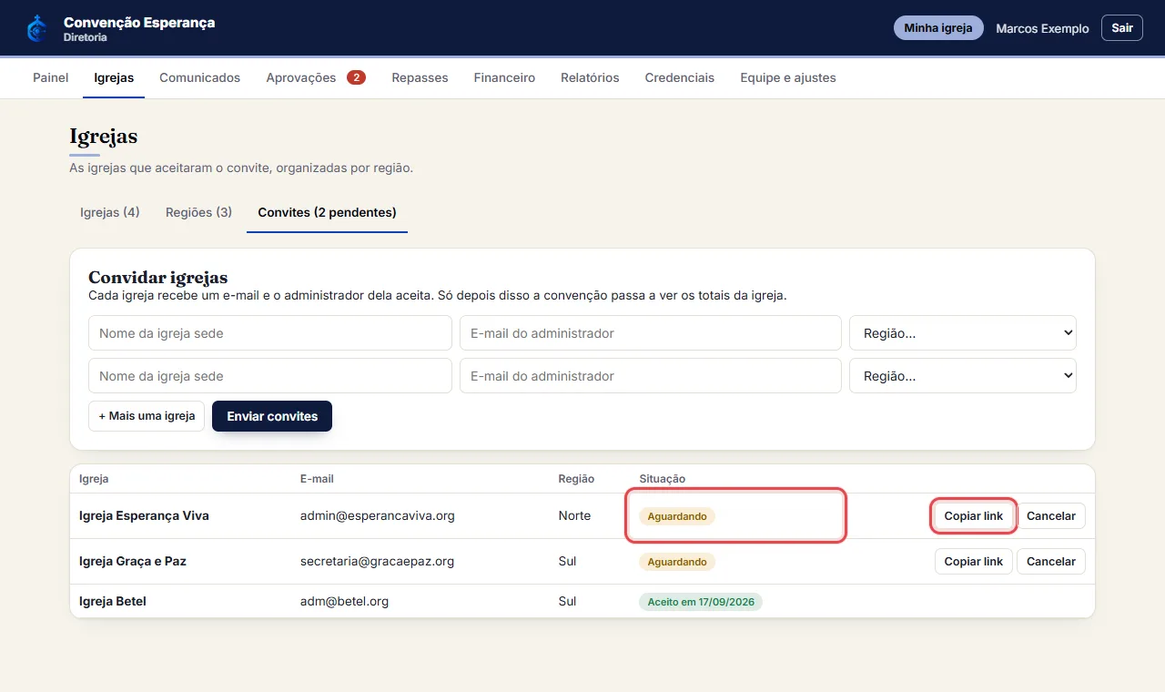 O administrador da sede recebe o e-mail e aceita o convite. Só depois disso a convenção passa a ver os totais 