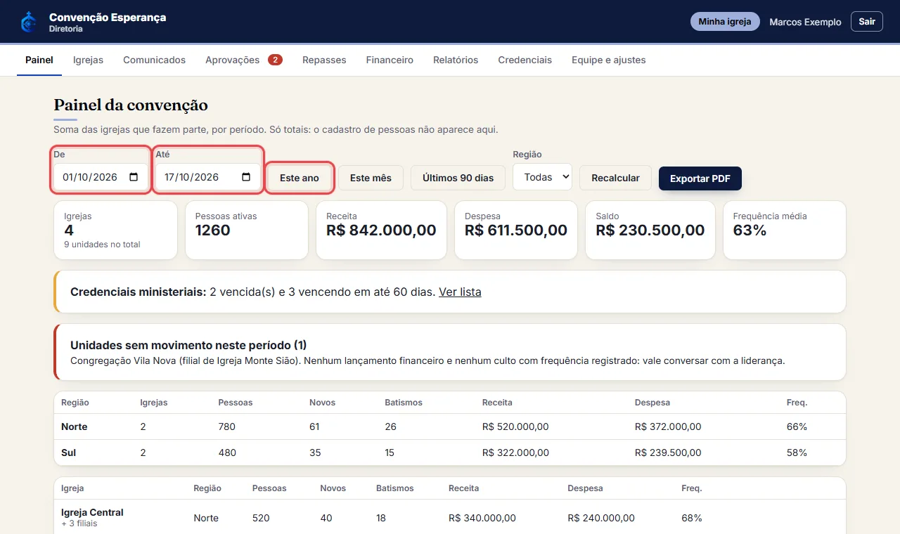 Troque o período em "De" e "Até" ou use os atalhos "Este ano", "Este mês" e "Últimos 90 dias". Com mais de uma