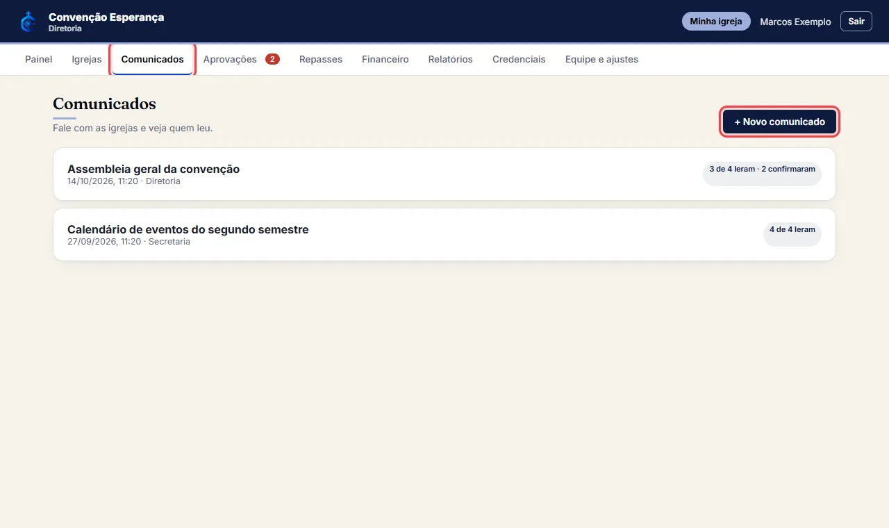 Abra "Comunicados" e clique em "+ Novo comunicado".