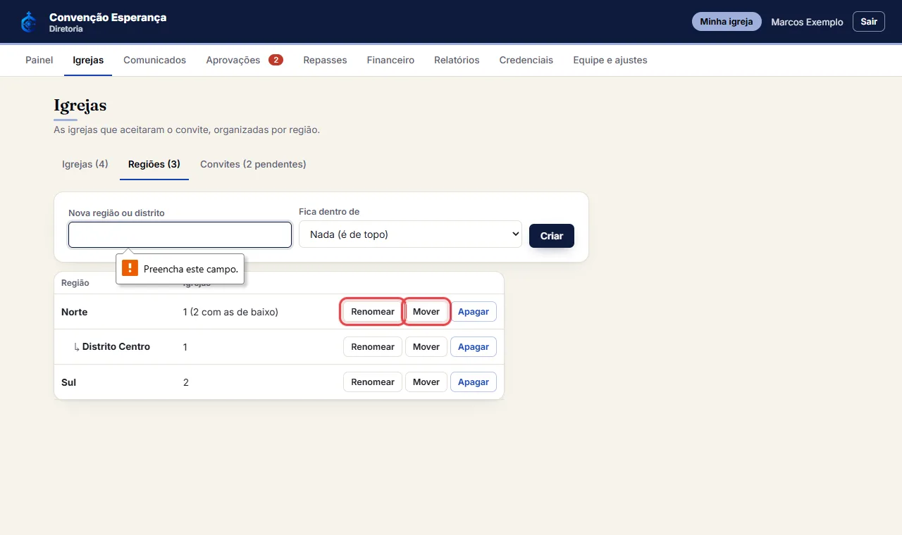 Use "Mover" para trocar uma região de lugar e "Renomear" para mudar o nome. Só dá para apagar uma região que n