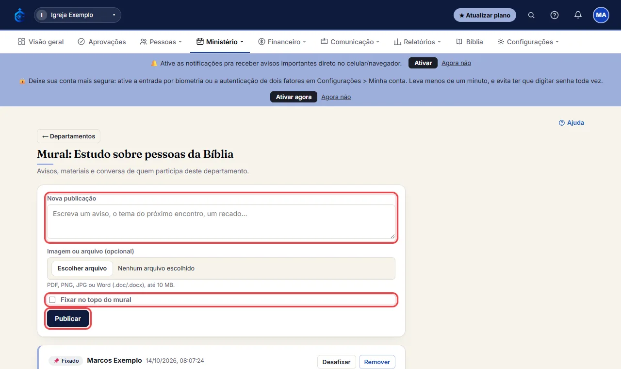Líderes e equipe escrevem em "Nova publicação", anexam até 3 imagens ou arquivos (PDF, PNG, JPG, Word) e clica
