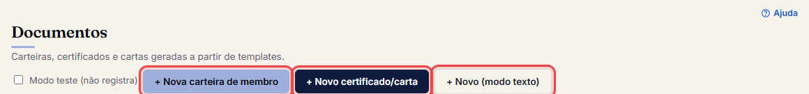 Os três botões para criar: carteira de membro, certificado/carta ou modo texto