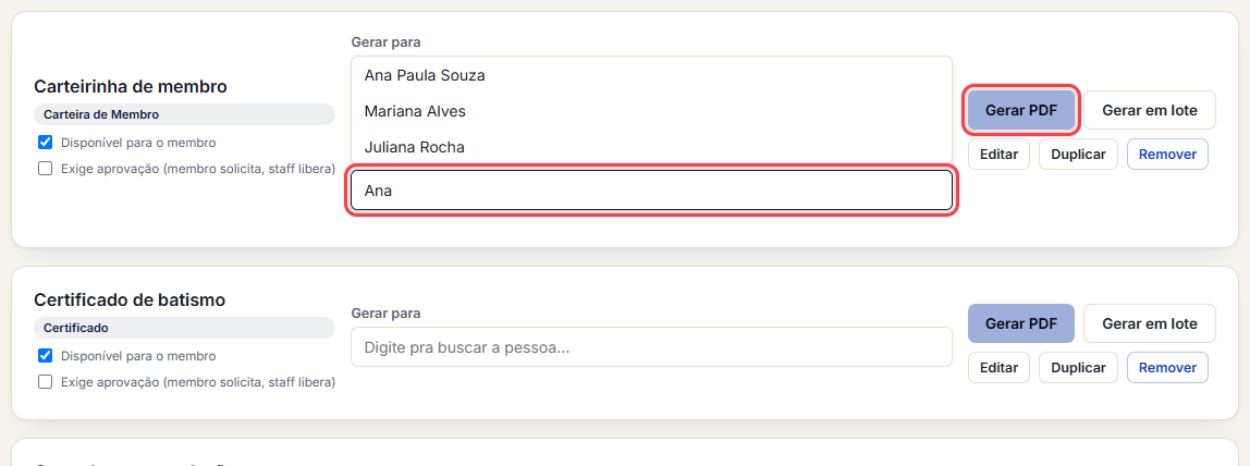 Na aba Modelos, escolha a pessoa em "Gerar para" e clique em Gerar PDF