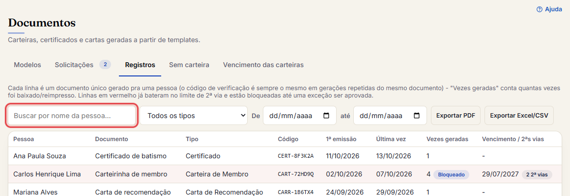 Na aba Registros, busque pelo nome da pessoa