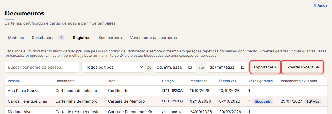 Exportar PDF ou Excel/CSV para baixar a lista
