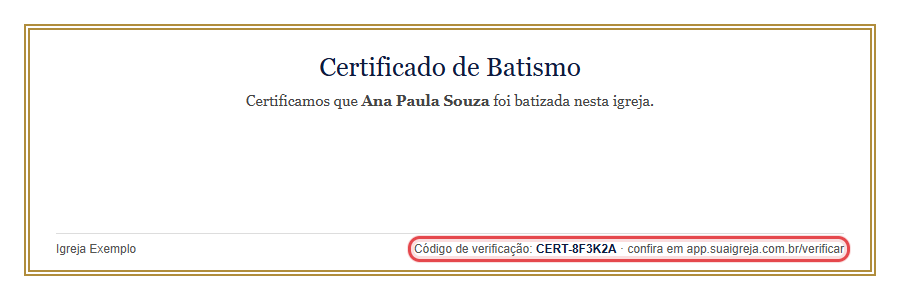 Exemplo do rodapé de um certificado: o código de verificação e o link vêm impressos (ilustração)