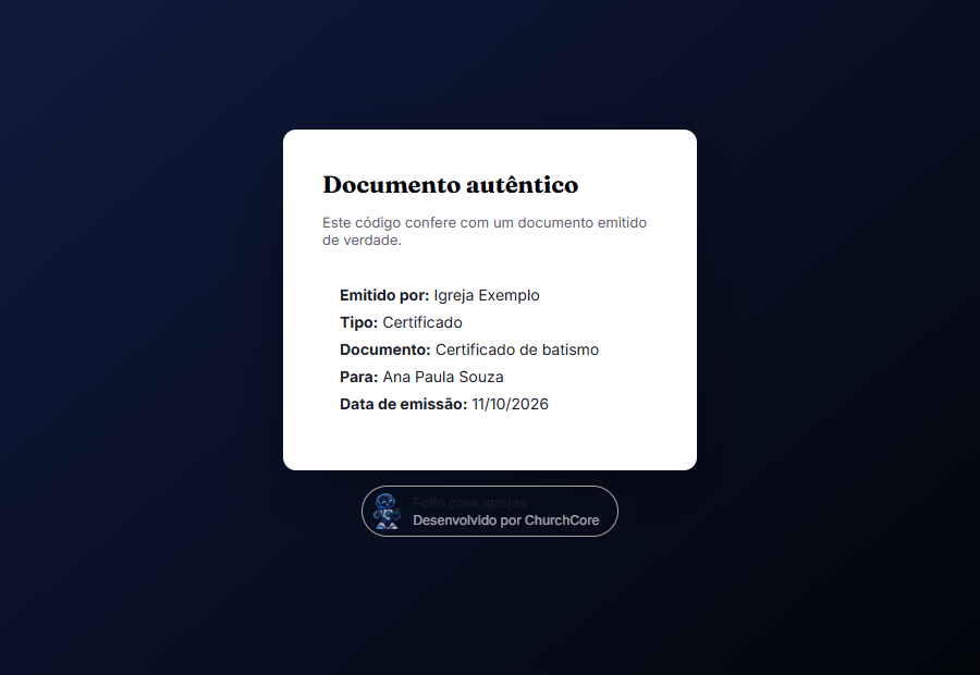 A tela confirma que o documento é autêntico: igreja, tipo, para quem e a data