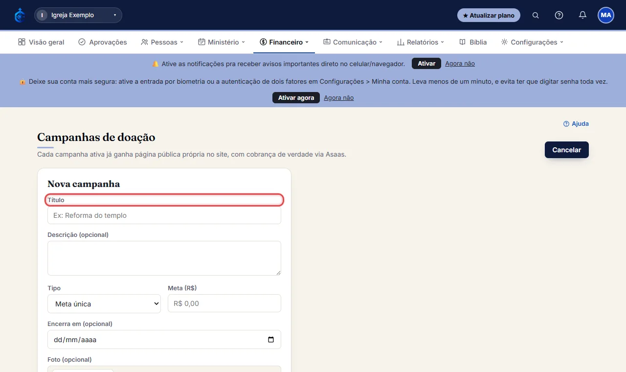 Preencha Título e, se quiser, Descrição, foto e orçamento em PDF.