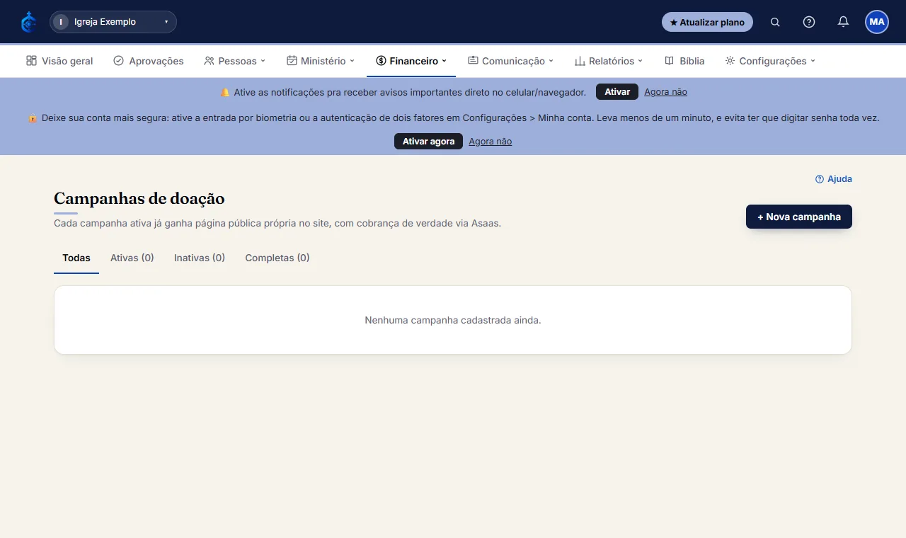 Clique em Salvar - a campanha ativa já ganha página pública própria no site da igreja, com cobrança de verdade