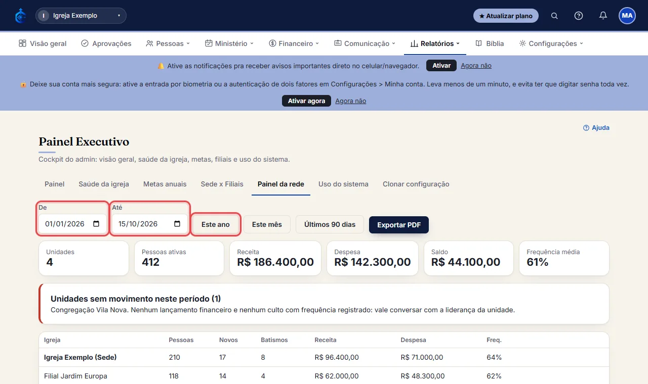 Escolha o período em "De" e "Até" ou use os atalhos "Este ano", "Este mês" e "Últimos 90 dias".