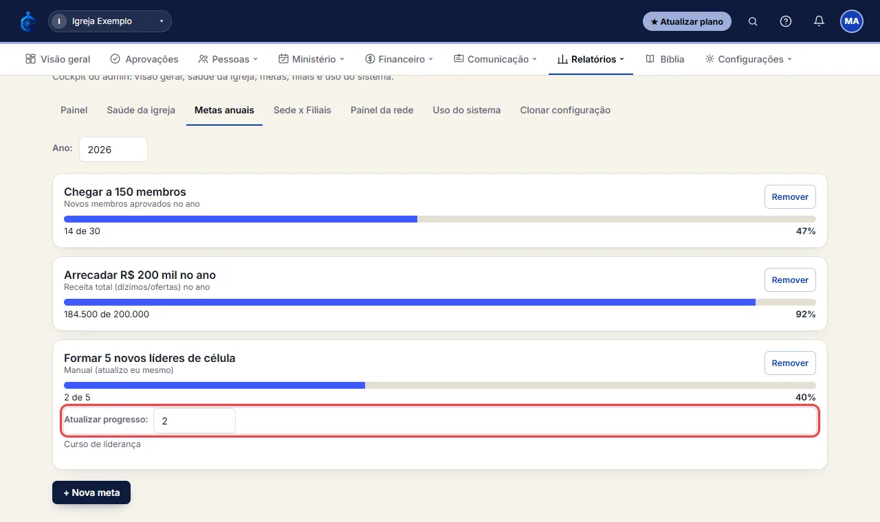 Clique em Criar - metas manuais têm um campo "Atualizar progresso" direto no card.