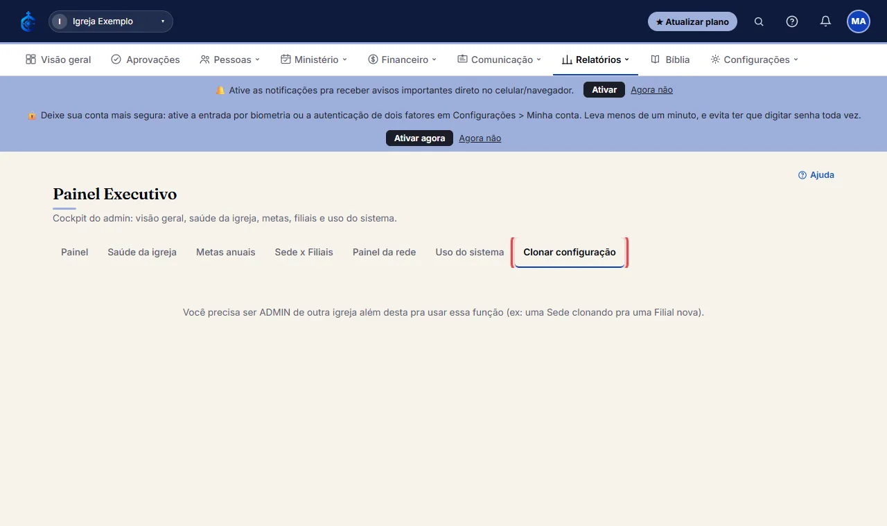 Clique em "Clonar configuração" e confirme - nunca copia senha/token, lista de destinatário de e-mail nem dado