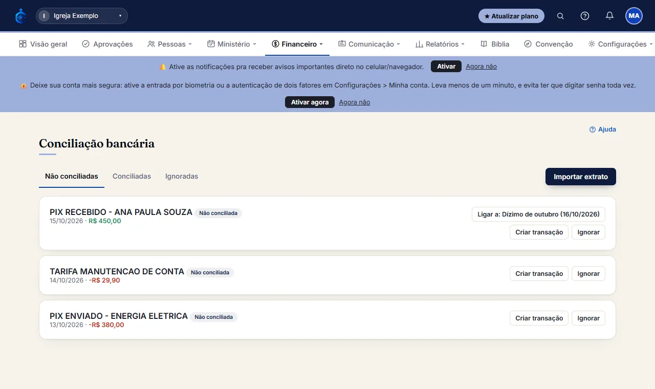 Escolha o arquivo exportado do banco (.csv, .ofx ou .txt) e confira o preview das primeiras linhas.