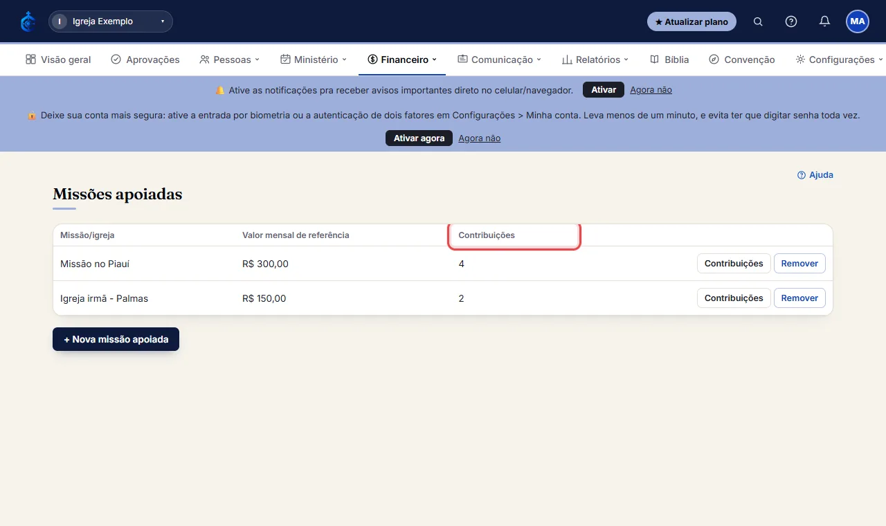 Clique em "Contribuições" pra registrar cada contribuição feita (valor e data) - por padrão, isso já lança aut