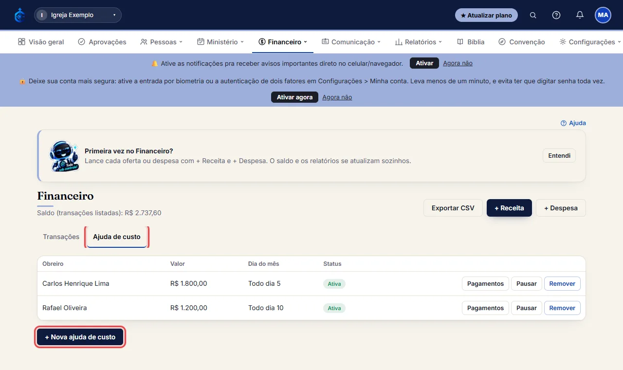 Financeiro > aba "Ajuda de custo" > "+ Nova ajuda de custo".