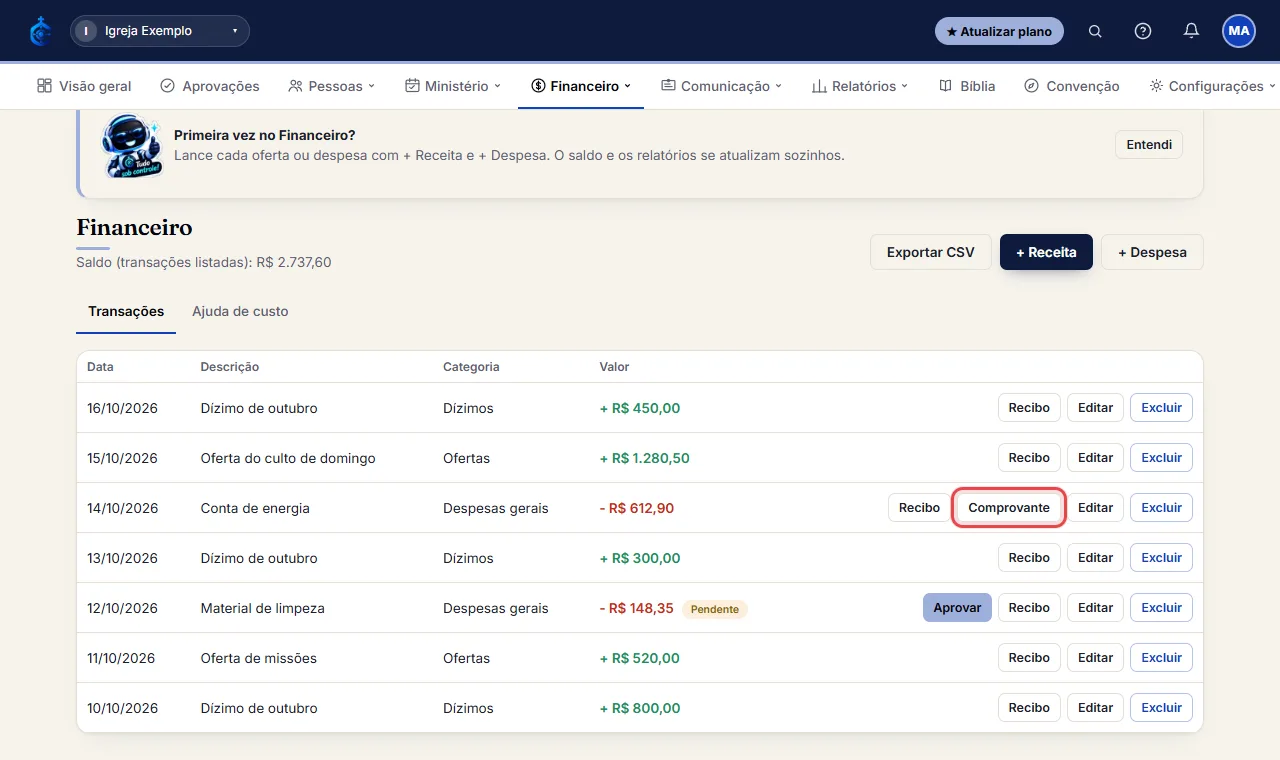Se a despesa tiver um comprovante/NF anexado, aparece um botão "Comprovante" na linha dela pra abrir o arquivo