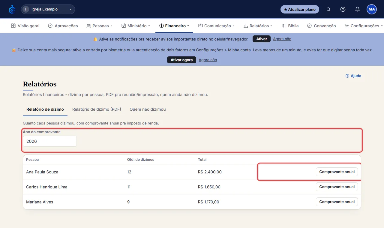 Encontre a pessoa na lista, escolha o ano em "Ano do comprovante" e clique em "Comprovante anual" pra baixar o