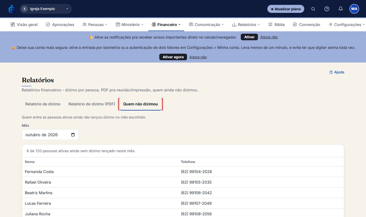 Financeiro > Relatórios > "Quem não dizimou".