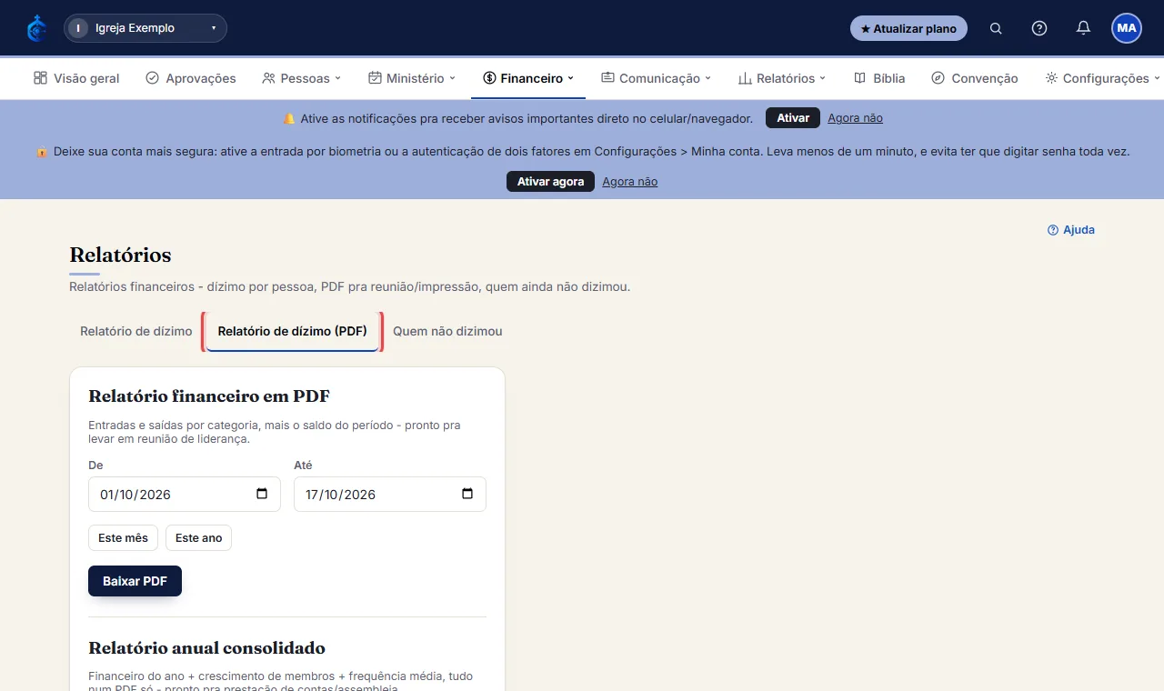 Financeiro > Relatórios > "Relatório de dízimo (PDF)".
