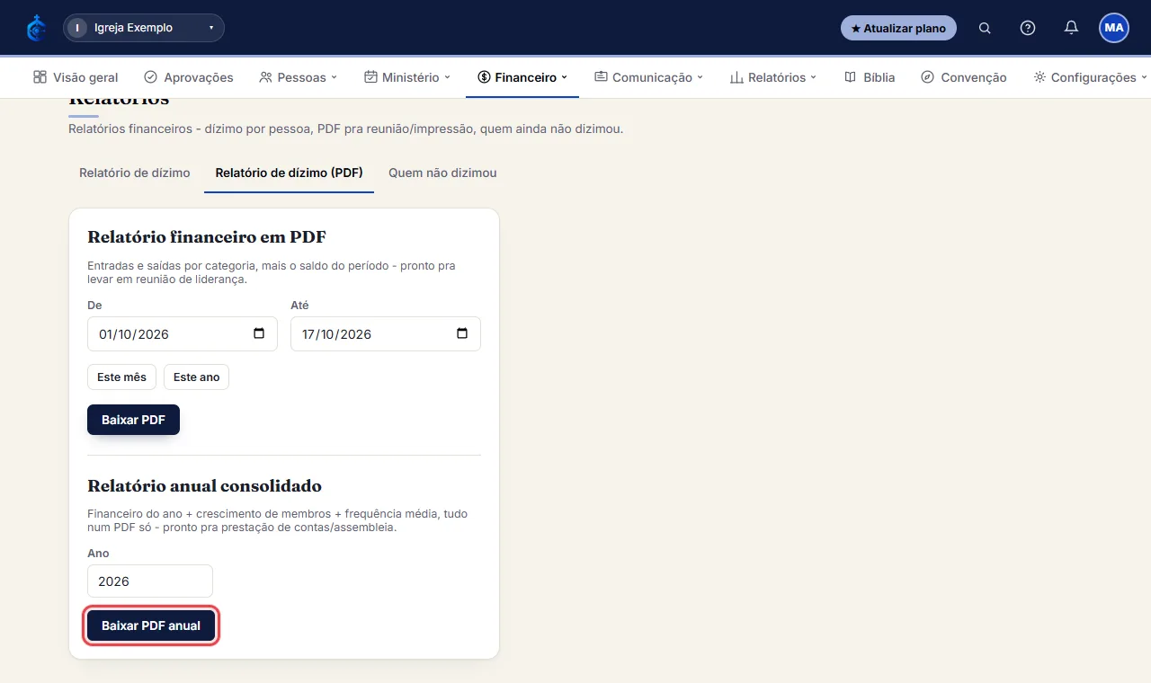 Pra prestação de contas em assembleia: preencha o Ano e clique em "Baixar PDF anual" - traz entradas/saídas, c