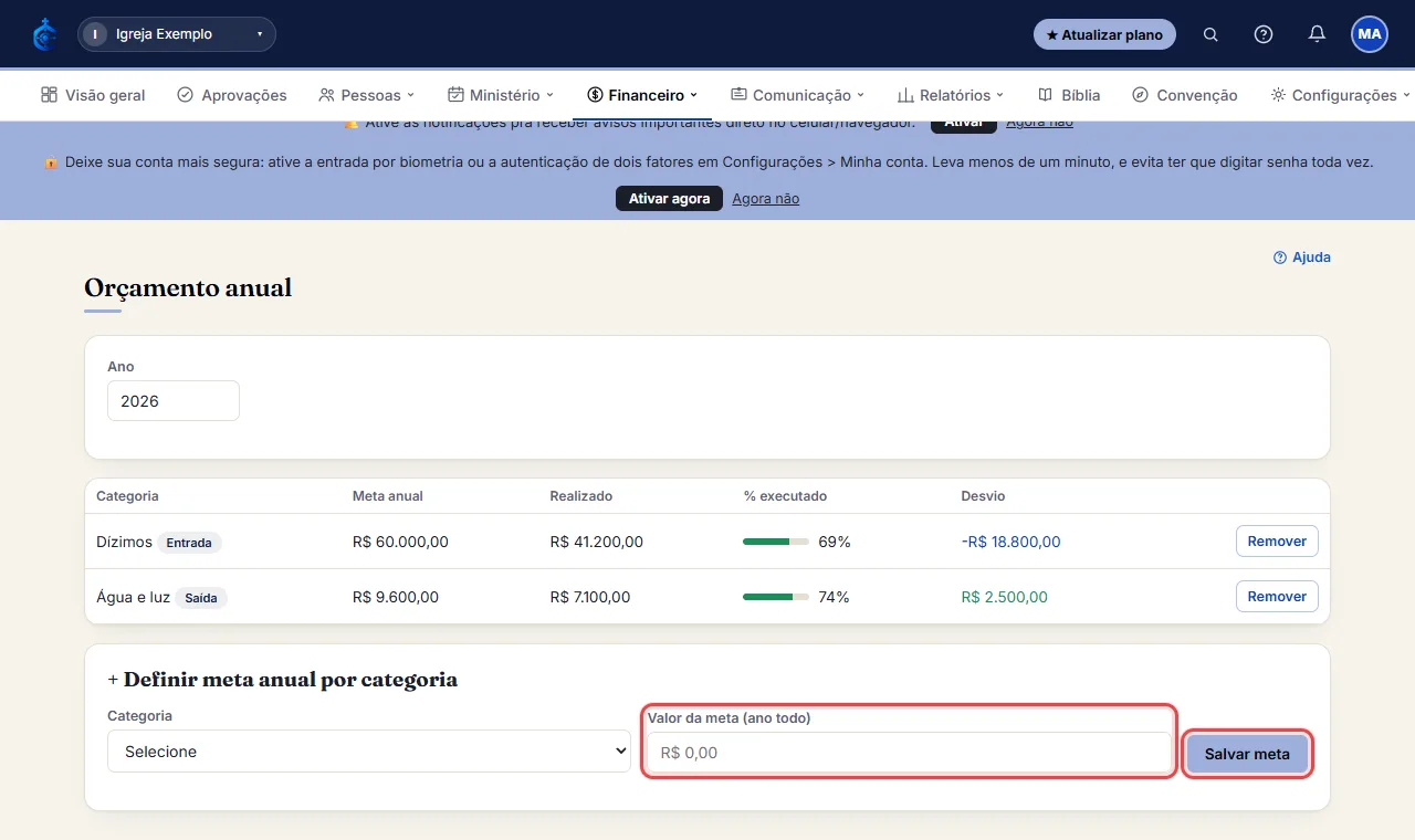Escolha o ano, selecione a Categoria, preencha "Valor da meta (ano todo)" e clique em "Salvar meta".
