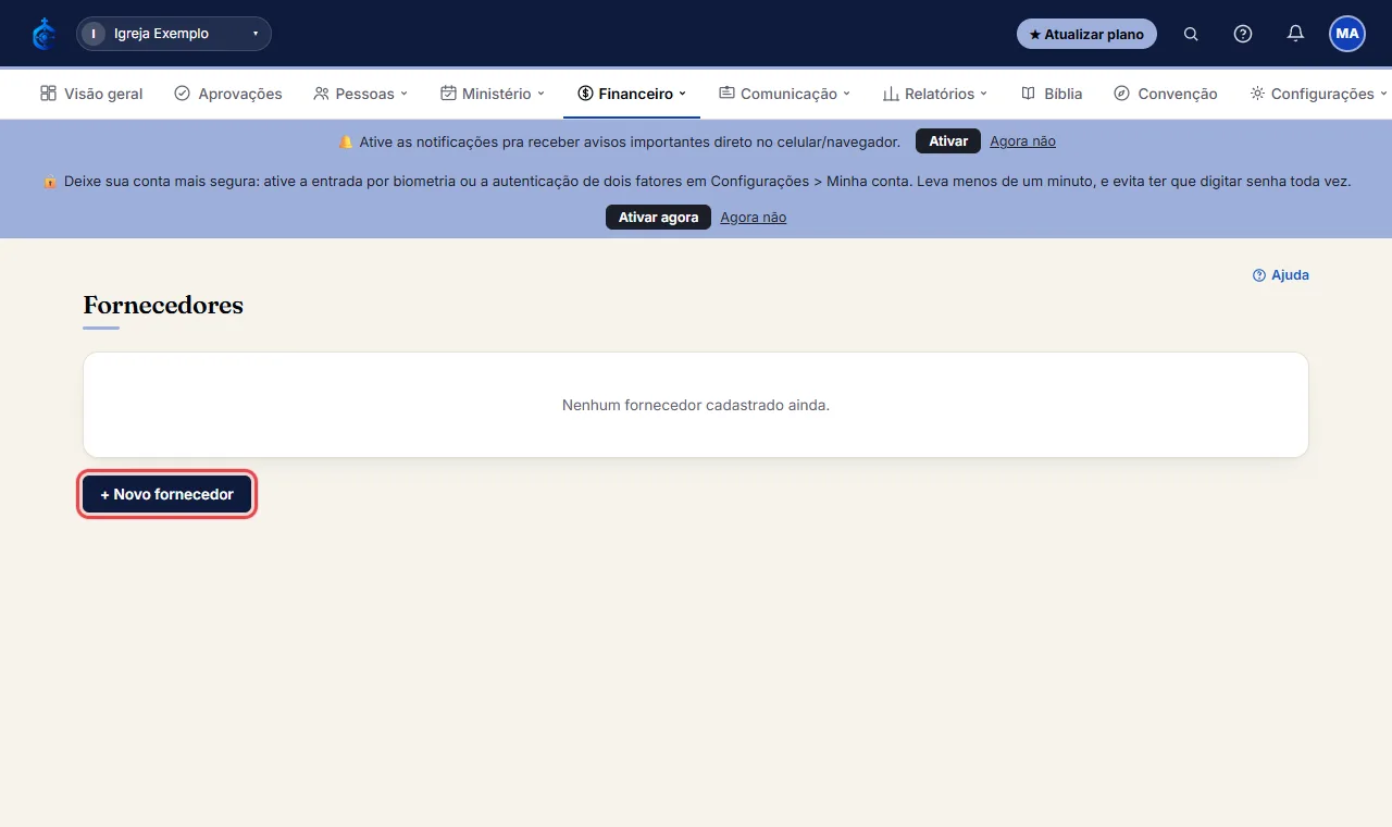 Financeiro > Fornecedores > "+ Novo fornecedor".