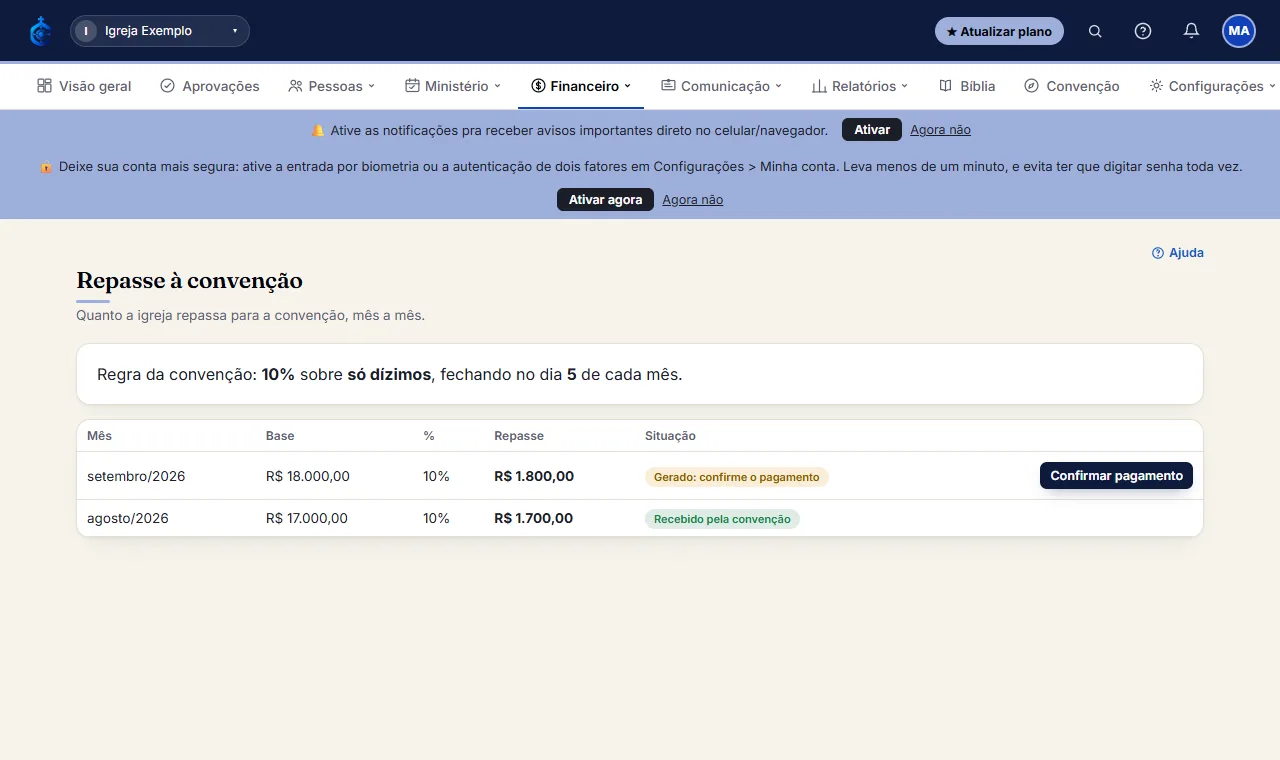 No alto aparece a regra definida pela convenção: o percentual, a base de cálculo e o dia do fechamento. Os rep