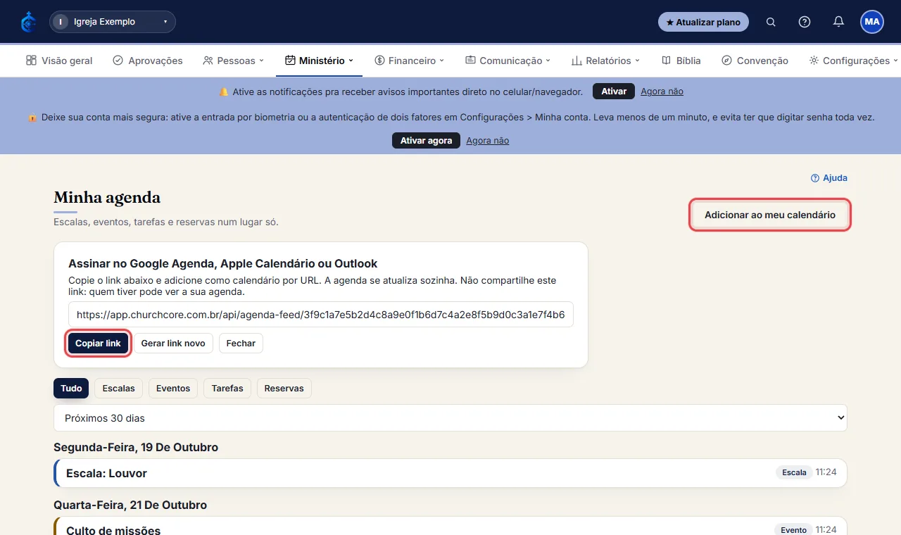 Clique em "Adicionar ao meu calendário" e depois em "Copiar link".