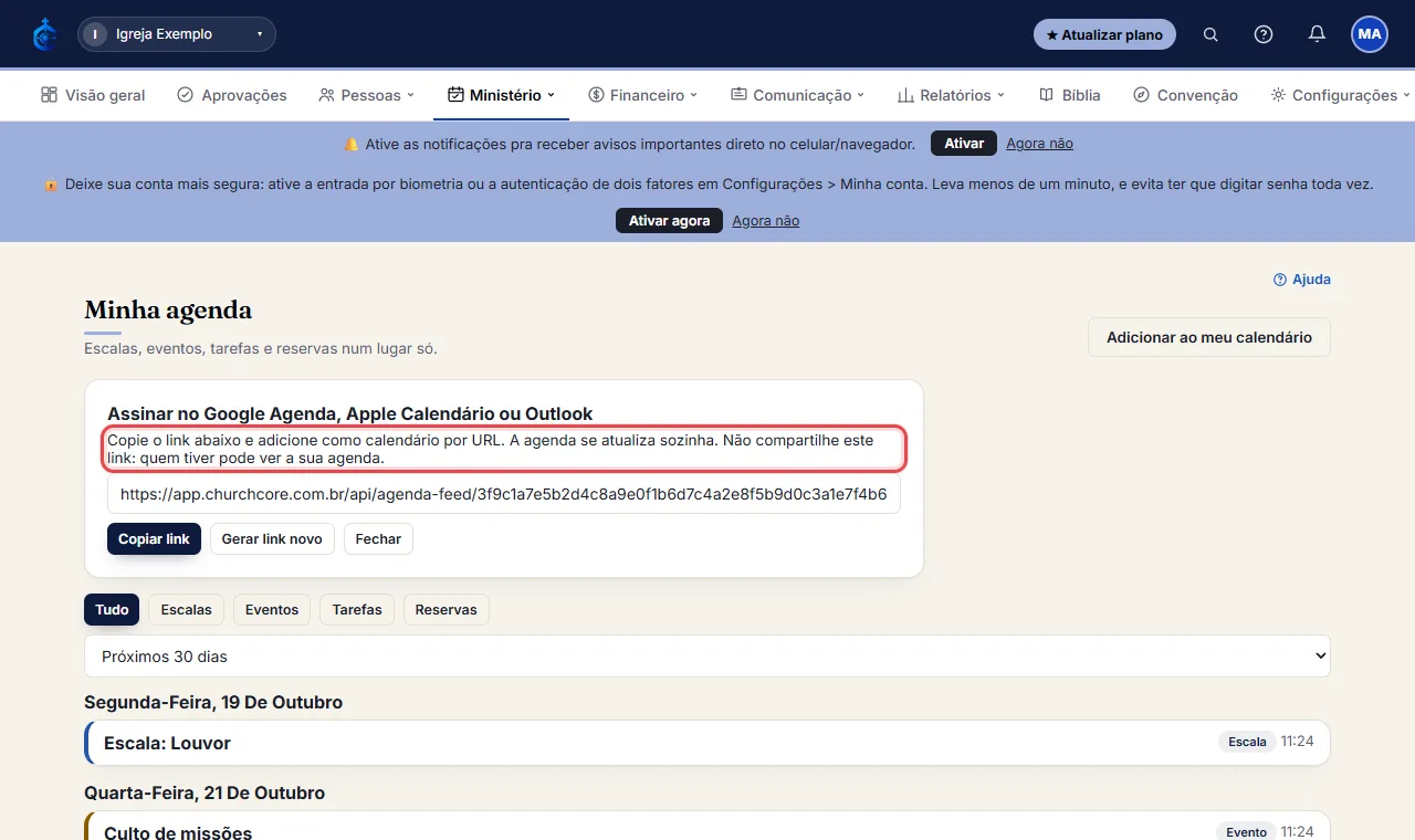 No Google Agenda, escolha "Outros calendários" > "Por URL" e cole o link (no Apple Calendário, "Novo calendári