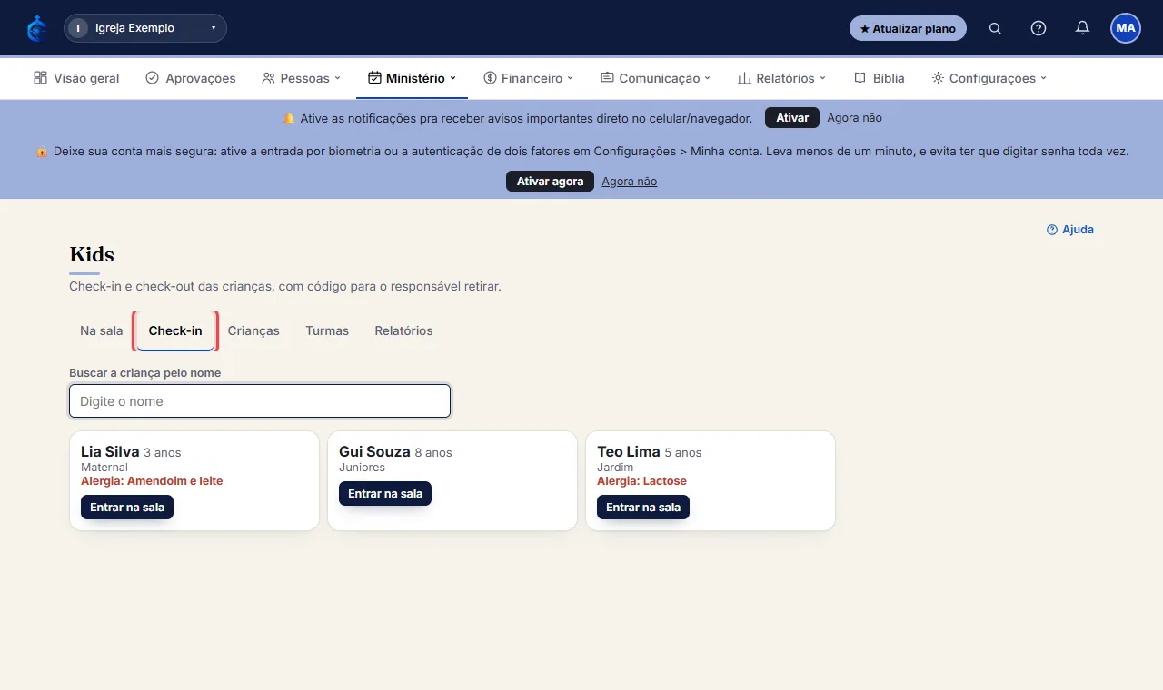 Na aba "Check-in", digite o nome da criança. Aparecem o nome, a idade, a turma e as alergias.