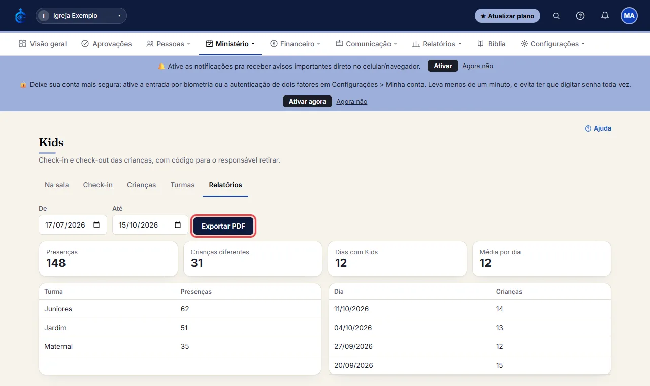 Clique em "Exportar PDF" para gerar a lista de presença (data, criança, turma, entrada, saída e quem buscou) c