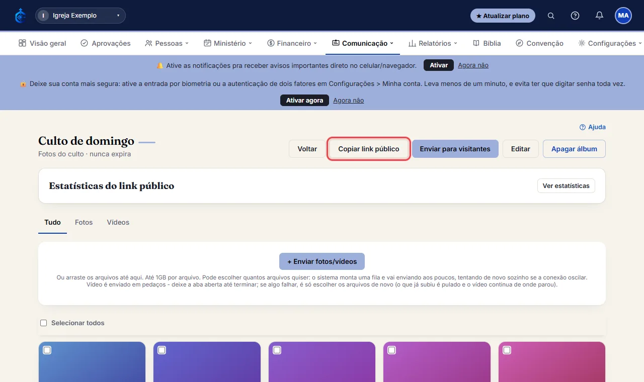 Dentro do álbum, clique em "Copiar link público" pra compartilhar fora do sistema (qualquer um com o link vê e