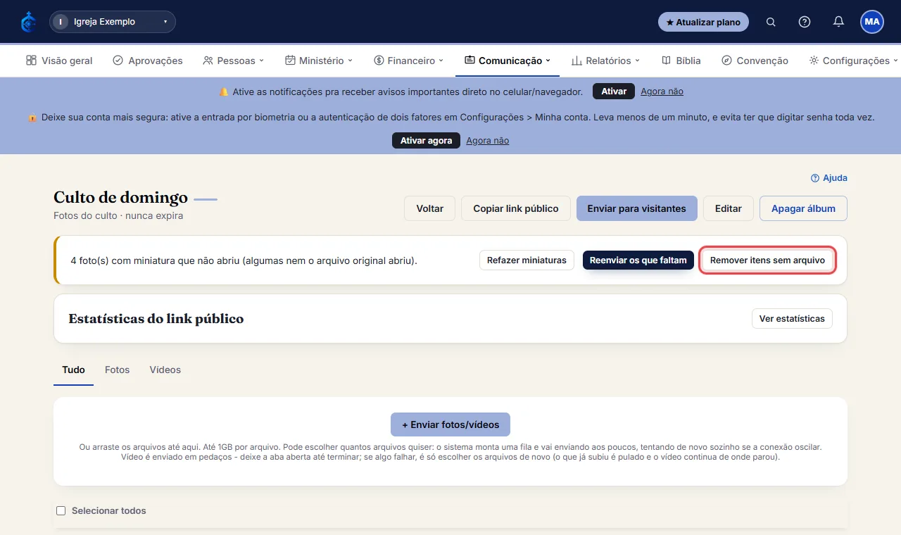 Se o aviso disser que há fotos sem o arquivo original, clique em "Remover itens sem arquivo": o sistema mostra